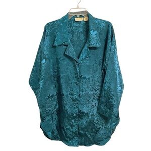 Victoria's Secret Womens Vintage Gold Label Satin Sleep Shirt M/L Teal Jacquard